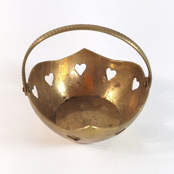 Vintage Indian Brass Basket with Heart Cutouts and Hinged Handle - Picture 2 of 8